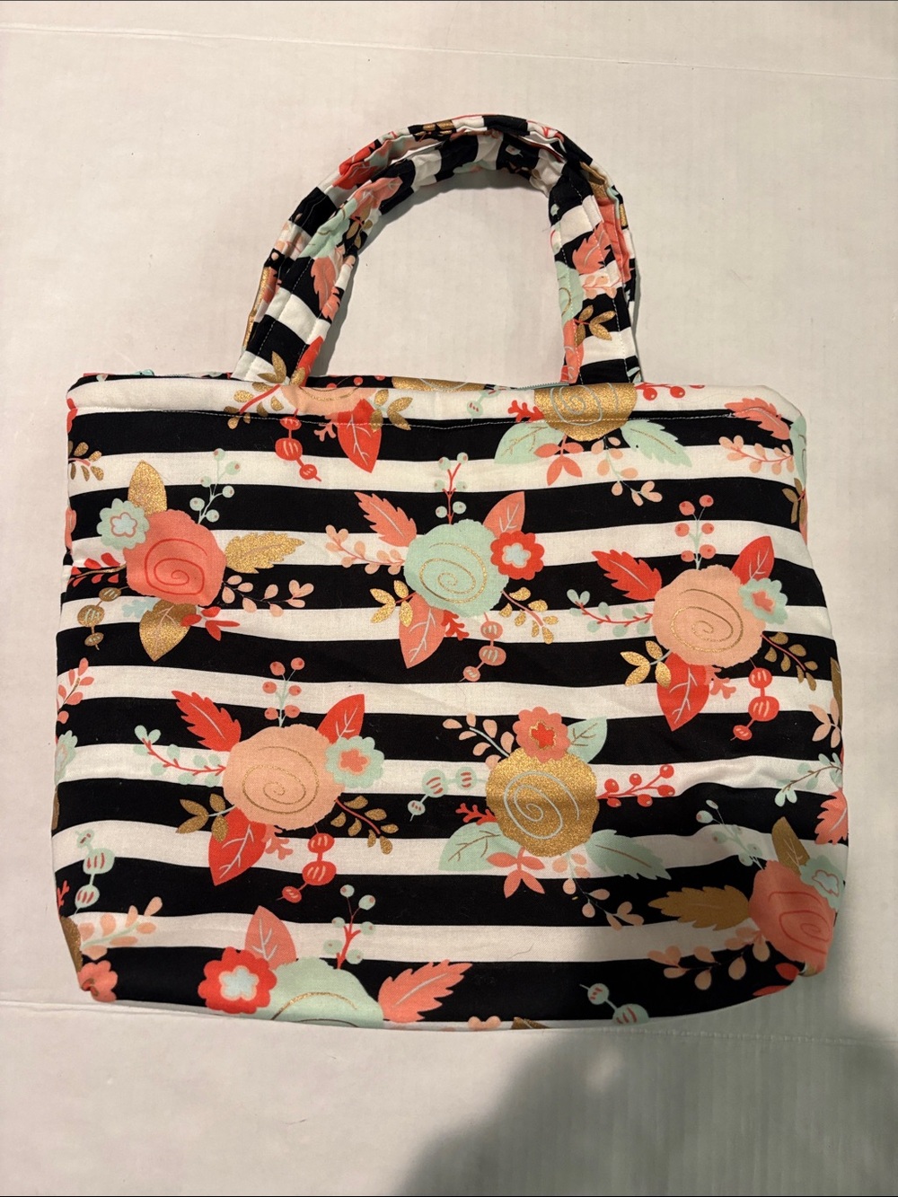 Striped Floral Tote Bag in Black and Peach